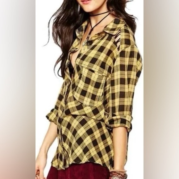 Free People Plaid Gauzy Cut Out Button Down Shirt NWOT